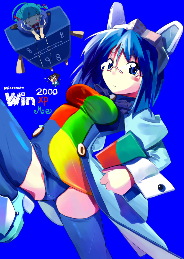 2k-tan 3girls 98-tan ahoge aqua_hair blue_eyes blue_hair blue_thighhighs blush braid glasses me-tan microsoft_windows multiple_girls o_o os-tan simple_background solo thighhighs twin_braids windows_2000 windows_classic windows_me xp-tan