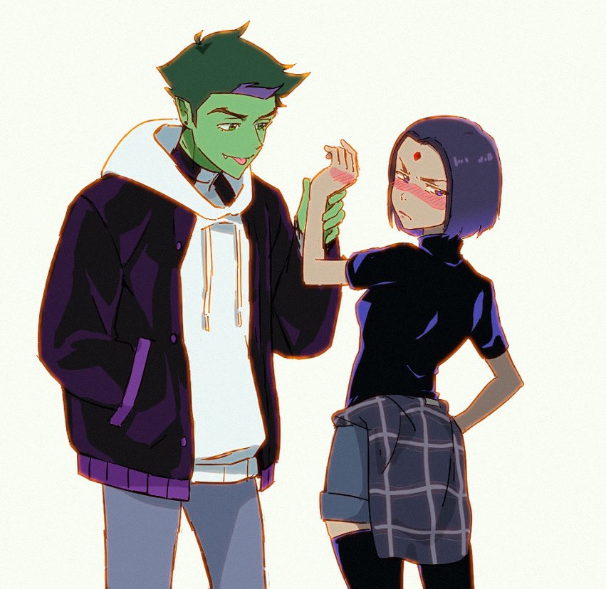 1boy 1girl beast_boy_(dc) blush colored_skin couple dc_comics embarrassed green_eyes green_hair green_skin pointy_ears purple_eyes purple_hair raven_(dc) teen_titans
