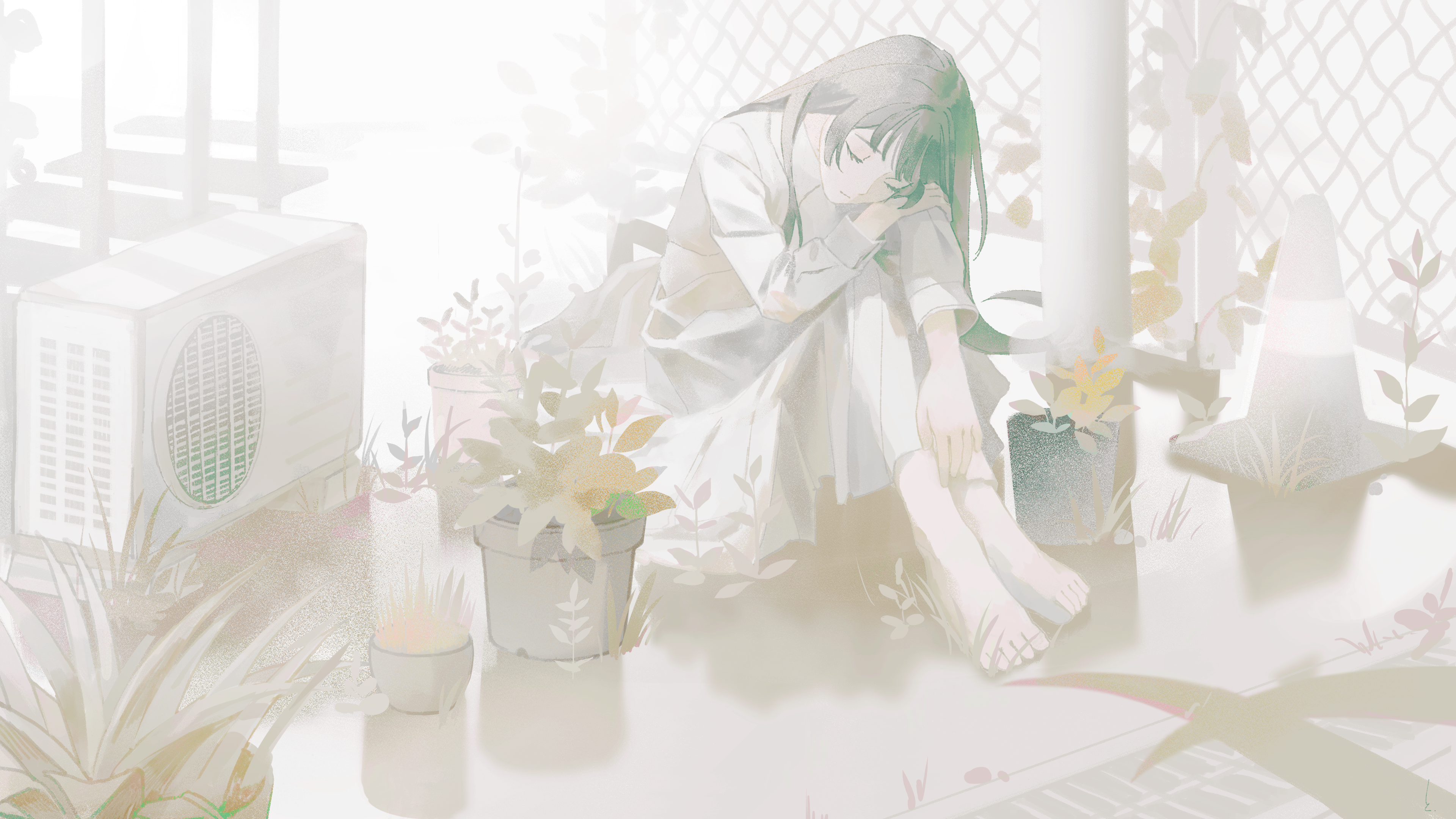 1girl absurdres barefoot black_hair closed_eyes condenser_unit dress flower head_on_hand highres long_hair original outdoors plant sitting traffic_cone white_dress yoru_410