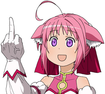 1girl :d ahoge animal_ear_fluff animal_ears bad_source bare_shoulders commentary_request covered_collarbone detached_sleeves dog_days dog_ears false_smile gloves hand_up long_sleeves lowres maso_(ascii_art) middle_finger millhiore_f._biscotti open_mouth pink_hair purple_eyes short_hair simple_background smile solo upper_body veins veiny_hands white_background white_gloves white_sleeves