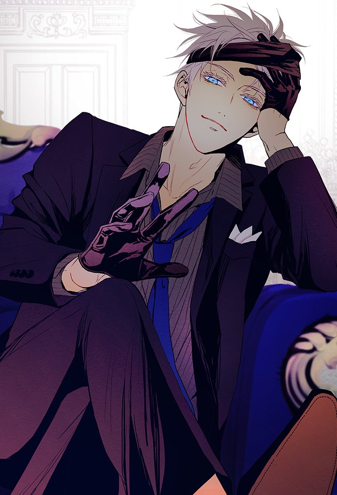 1boy a_jou arm_up black_blindfold black_gloves black_jacket black_pants blindfold blindfold_lift blue_eyes blue_necktie breast_pocket chaise_longue closed_mouth collared_shirt colored_eyelashes commentary_request crossed_legs eyelashes feet_out_of_frame gloves gojou_satoru grey_shirt half_gloves head_rest jacket jujutsu_kaisen layered_sleeves light_smile looking_ahead male_focus necktie open_clothes open_collar open_jacket pants pocket pocket_square ribbed_shirt shirt short_hair sitting solo suit_jacket white_hair wing_collar