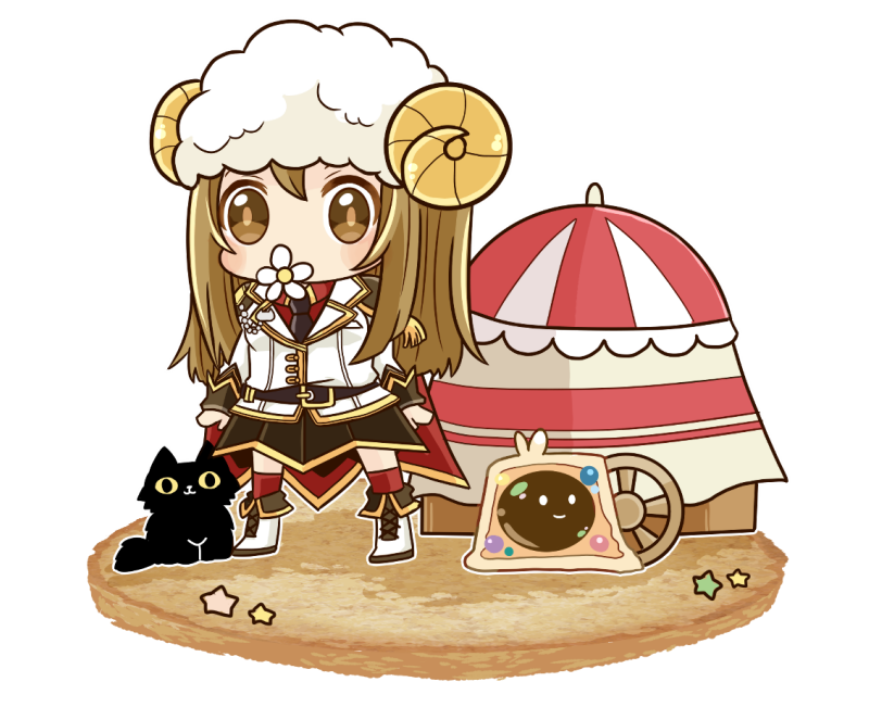 1girl black_cat black_necktie blazer blush boots brown_eyes brown_hair brown_skirt cape cat chibi chibi_only collared_shirt commentary_request flower flower_in_mouth full_body genetic_(ragnarok_online) hat jacket long_hair looking_at_viewer miniskirt necktie official_alternate_costume pochiko_(poteko) pullcart ragnarok_online red_cape red_shirt red_thighhighs sheep_hat shirt simple_background skirt slime_(creature) solo standing thighhighs transparent_background vanilmirth_(ragnarok_online) white_boots white_flower white_hat white_jacket