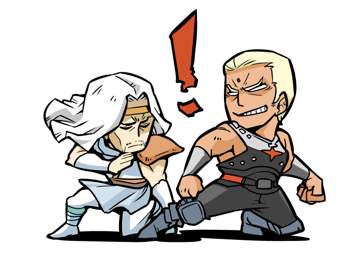 ! 2boys blonde_hair chibi circlet closed_eyes gameplay_mechanics hokuto_no_ken hokuto_no_ken:_shinpan_no_sousousei_kengou_retsuden hounori kicking long_hair multiple_boys short_hair souther toki_(hokuto_no_ken) white_hair