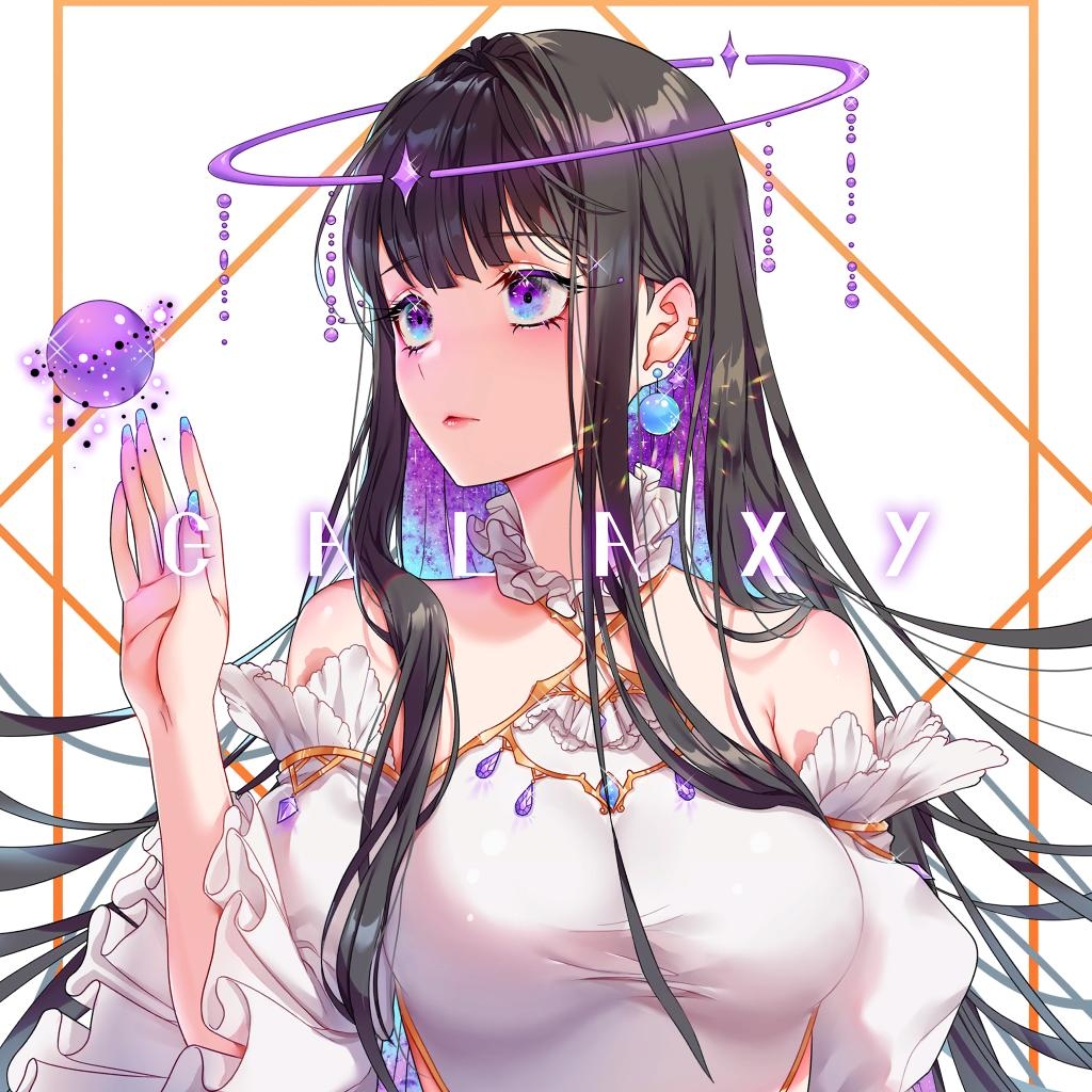 1girl bad_id bad_pixiv_id bare_shoulders black_hair blue_nails blunt_bangs dress ear_piercing earrings extra_eyes galaxy glowing halo jewelry long_hair looking_to_the_side misora_(crnr8777) nail_(dragon_ball) nail_polish off_shoulder piercing red_lips solo sparkle very_long_hair white_dress