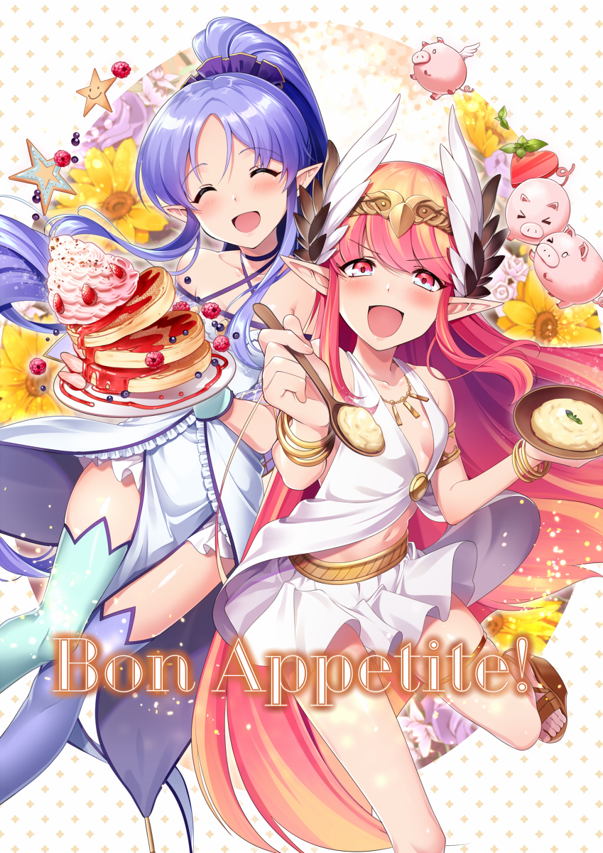 2girls :d bare_shoulders blue_eyes blue_thighhighs bowl bracelet breasts brown_footwear circe_(fate) closed_eyes commentary_request cookie english_text fate/grand_order fate_(series) feathered_wings flower food fruit hakka_(88hk88) head_wings highres holding holding_bowl holding_spoon incoming_food jewelry kykeon long_hair looking_at_viewer medea_(fate) medea_(lily)_(fate) multicolored_eyes multiple_girls navel necklace open_mouth pancake pancake_stack pig pink_eyes pink_hair pointy_ears ponytail purple_hair purple_thighhighs simple_background skirt small_breasts smile spoon star_(symbol) strawberry thighhighs two-tone_eyes white_skirt wings yellow_flower