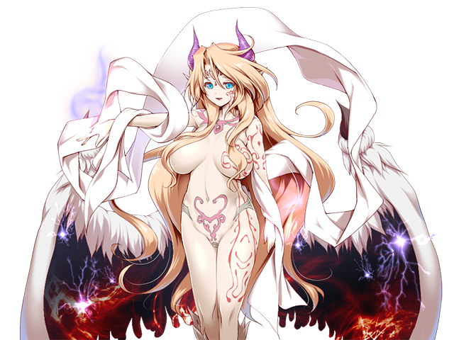 1girl akazawa_red angel angel_wings arm_at_side blonde_hair blue_eyes breasts chaos_ilias circlet demon_horns energy_wings facial_tattoo feathered_wings full-body_tattoo game_cg gem horns ilias jewelry large_breasts large_variant_set long_hair mon-musu_quest! mon-musu_quest:_paradox navel nose outstretched_arm pointy_ears pubic_tattoo purple_horns red_gemstone ribbon smile tattoo variant_set very_long_hair white_ribbon wings