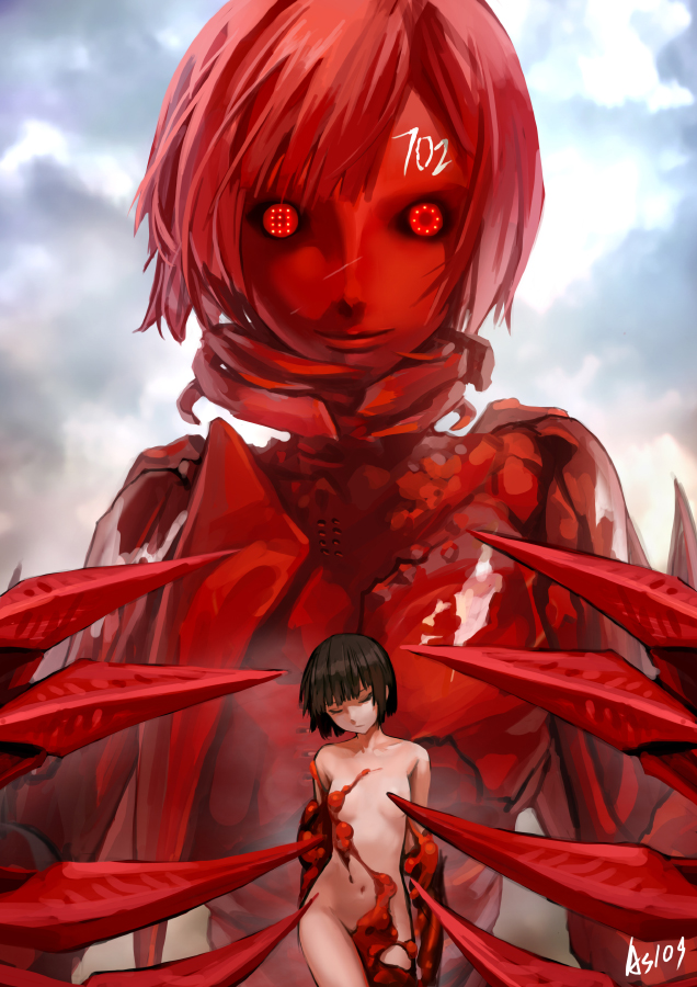 2girls alien as109 benisuzume_(gauna) black_hair black_sclera breasts claws cloud colored_sclera convenient_censoring closed_eyes gauna gauna_491 groin monster monster_girl multiple_girls navel placenta_(sidonia_no_kishi) red_eyes revision short_hair sidonia_no_kishi signature size_difference sky small_breasts smile spoilers