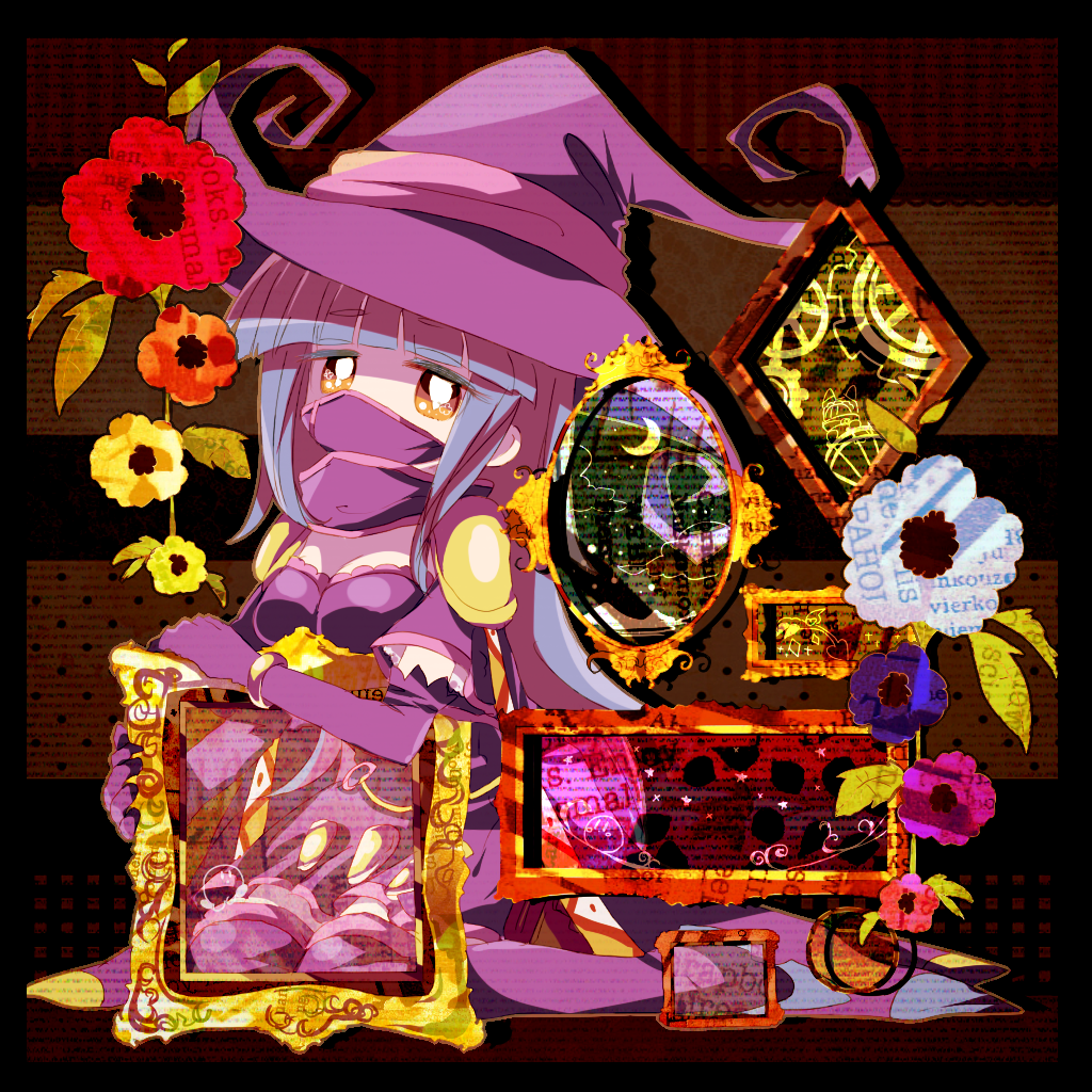 1girl blue_hair blunt_bangs boots bracelet breasts character_request cleavage commentary_request drawcia dress elbow_gloves gloves hat hat_ribbon jewelry kirby_(series) kneeling large_breasts long_hair mask mouth_mask nintendo personification picture_frame pink_ribbon purple_boots purple_dress purple_gloves purple_hat purple_mask ribbon short_sleeves solo thigh_boots usagi_nui witch_hat yellow_eyes