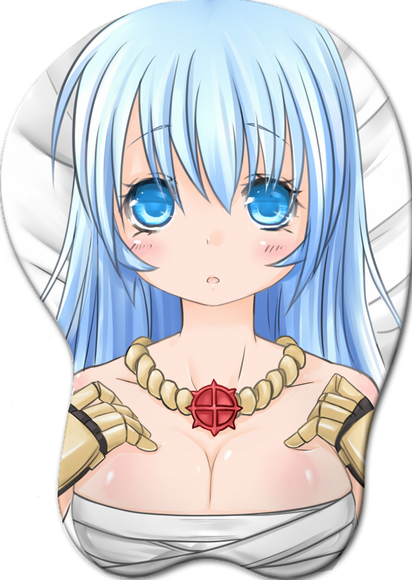 1girl black_gloves blue_eyes blue_hair blush breasts chest_sarashi cleavage commentary_request cross cross_necklace cross_of_prontera gauntlets gloves jewelry long_hair looking_at_viewer medium_breasts mousepad_(medium) necklace open_mouth ragnarok_online sarashi simple_background solo sura_(ragnarok_online) upper_body white_background yoru_nagatsuki
