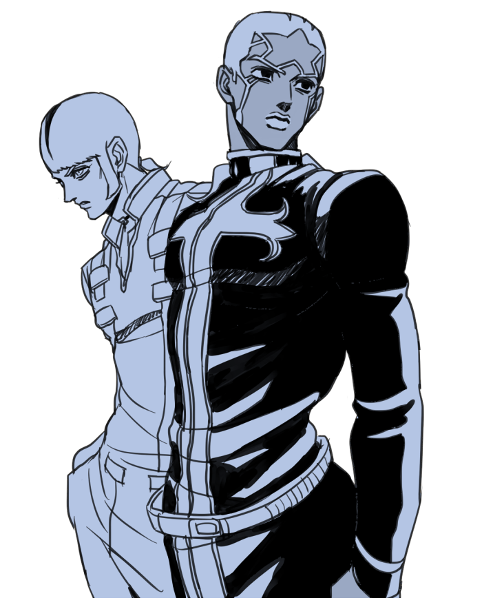 2boys cassock dark-skinned_male dark_skin donatello_versus enrico_pucci hage_tashuumi jojo_no_kimyou_na_bouken male_focus monochrome multiple_boys ponytail priest robe short_ponytail sideburns stone_ocean