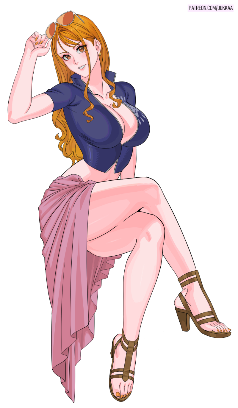 1girl bare_legs blue_jacket breasts brown_eyes brown_sandals cleavage collarbone cosplay crop_top cropped_jacket crossed_legs earrings eyes_visible_through_hair eyewear_on_head feet floral_print full_body gold_earrings hair_behind_ear hand_up high_heel_sandals high_heels highres holding holding_removed_eyewear invisible_chair jacket jewelry large_breasts leaning_to_the_side legs light_blush long_hair looking_at_viewer midriff nail_polish nami_(one_piece) navel nico_robin nico_robin_(cosplay) nico_robin_(return_to_sabaody) one_piece orange-tinted_eyewear orange_hair orange_nails paid_reward_available parted_lips patreon_username pearl_earrings pink_lips pink_sarong popped_collar print_jacket sandals sarong short-sleeved_jacket short_sleeves simple_background single_sidelock sitting solo sunglasses thighs tinted_eyewear toes unworn_eyewear uukkaa wavy_hair white_background zipper zipper_pull_tab