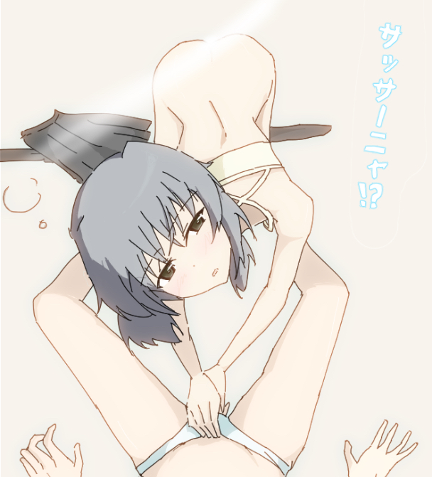 2girls anatuki ass blush bottomless brown_eyes eila_ilmatar_juutilainen grey_hair looking_at_viewer multiple_girls open_mouth panties pov sanya_v._litvyak short_hair strike_witches underwear white_panties world_witches_series yuri