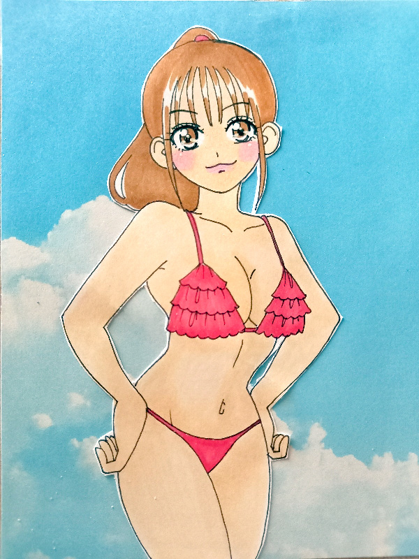 1girl bikini blush breasts brown_eyes brown_hair cleavage cloud collarbone flint_goldtsuiker hands_on_own_hips kikai_sentai_zenkaiger kwai_chi large_breasts long_hair looking_at_viewer navel ponytail red_bikini sky smile standing super_sentai swimsuit