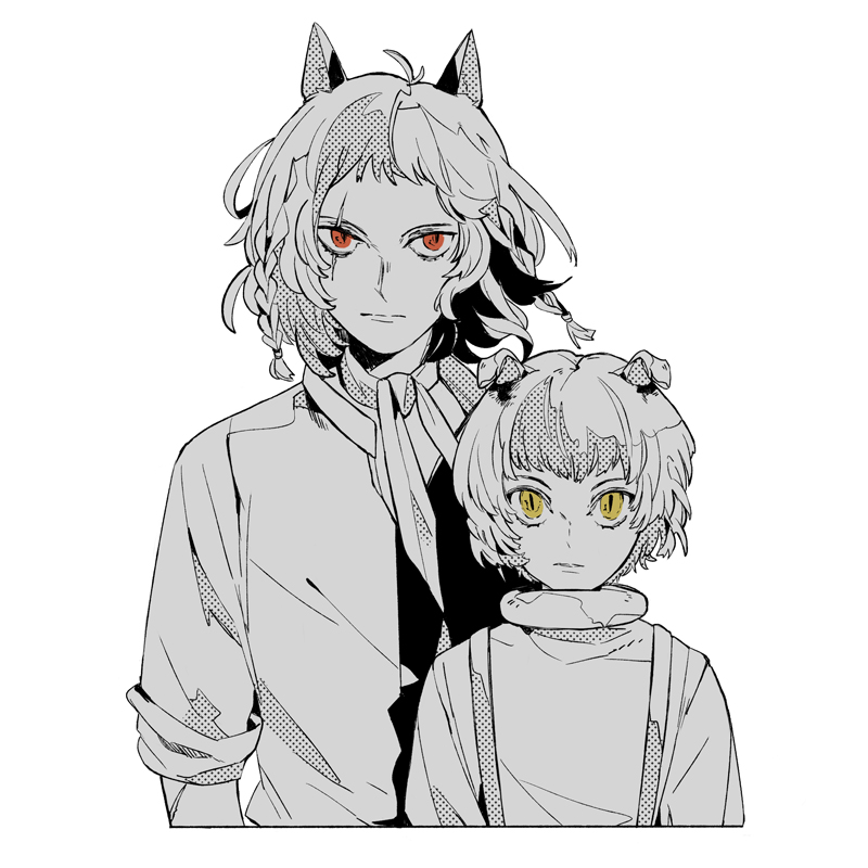 2boys animal_ears basilio_(metaphor:_refantazio) braid brothers closed_mouth cropped_torso fidelio_(metaphor:_refantazio) folded_ear looking_at_viewer male_focus medium_hair metaphor:_refantazio multiple_boys red_eyes scar scar_across_eye scar_on_face scarf shirt short_hair siblings side_braid simple_background sleeves_rolled_up slit_pupils spot_color suspenders syakkuri turtleneck upper_body white_background yellow_eyes
