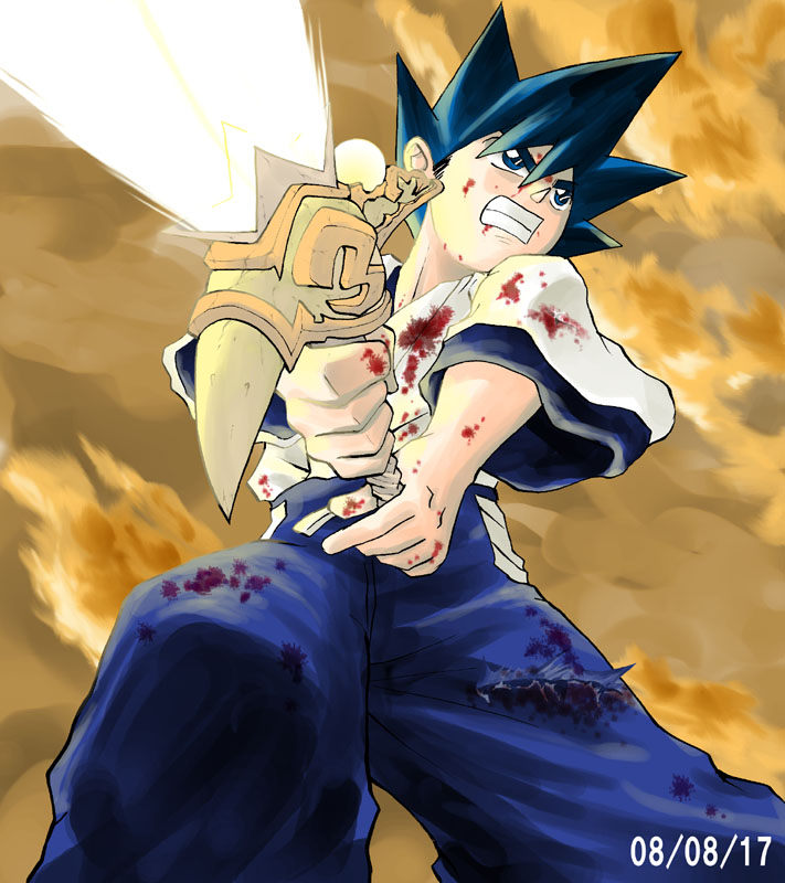 1boy bad_id bad_pixiv_id blood blood_on_clothes blood_on_face blue_eyes blue_hair blue_hakama clenched_teeth dated edoya_minoru energy_sword from_below grimace hakama hakama_skirt injury japanese_clothes kurogane_yaiba male_focus matching_hair/eyes skirt solo sword teeth weapon yaiba