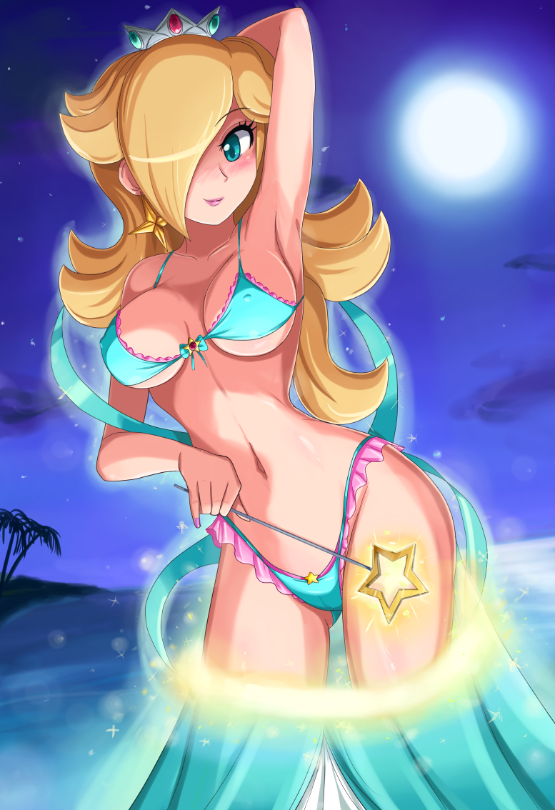 1girl arm_behind_head armpits beach bikini blue_eyes blush breasts cloud crown dress dutch_angle female_focus frilled_bikini frills glowing hair_over_one_eye large_breasts light_smile linea_alba lipstick looking_at_viewer magic makeup mario_(series) mini_crown nail_polish narrow_waist night nintendo outdoors palm_tree pink_lips pink_nails pinky_out rosalina sigurd_hosenfeld smile solo standing star_(symbol) super_mario_bros._1 super_mario_galaxy swimsuit tree underboob undressing