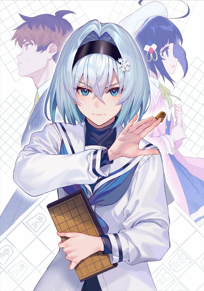 1boy 2girls black_shirt blue_eyes blue_hair blue_neckerchief brown_hair cardigan closed_mouth cover_image hair_between_eyes hair_intakes hair_ornament hairband hat hinatsuru_ai jacket kuzuryuu_yaichi long_sleeves multiple_girls neckerchief official_art ryuuou_no_oshigoto! sailor_collar shirabi shirt shogi_piece short_hair sideways_mouth smile snowflake_hair_ornament solo_focus sora_ginko turtleneck upper_body v-shaped_eyebrows white_jacket
