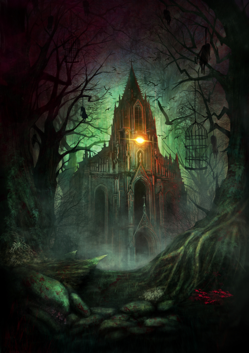 bird blood cage church corpse dannzairosuto dark flower fog forest hanged hanging nature no_humans original raven crow scenery
