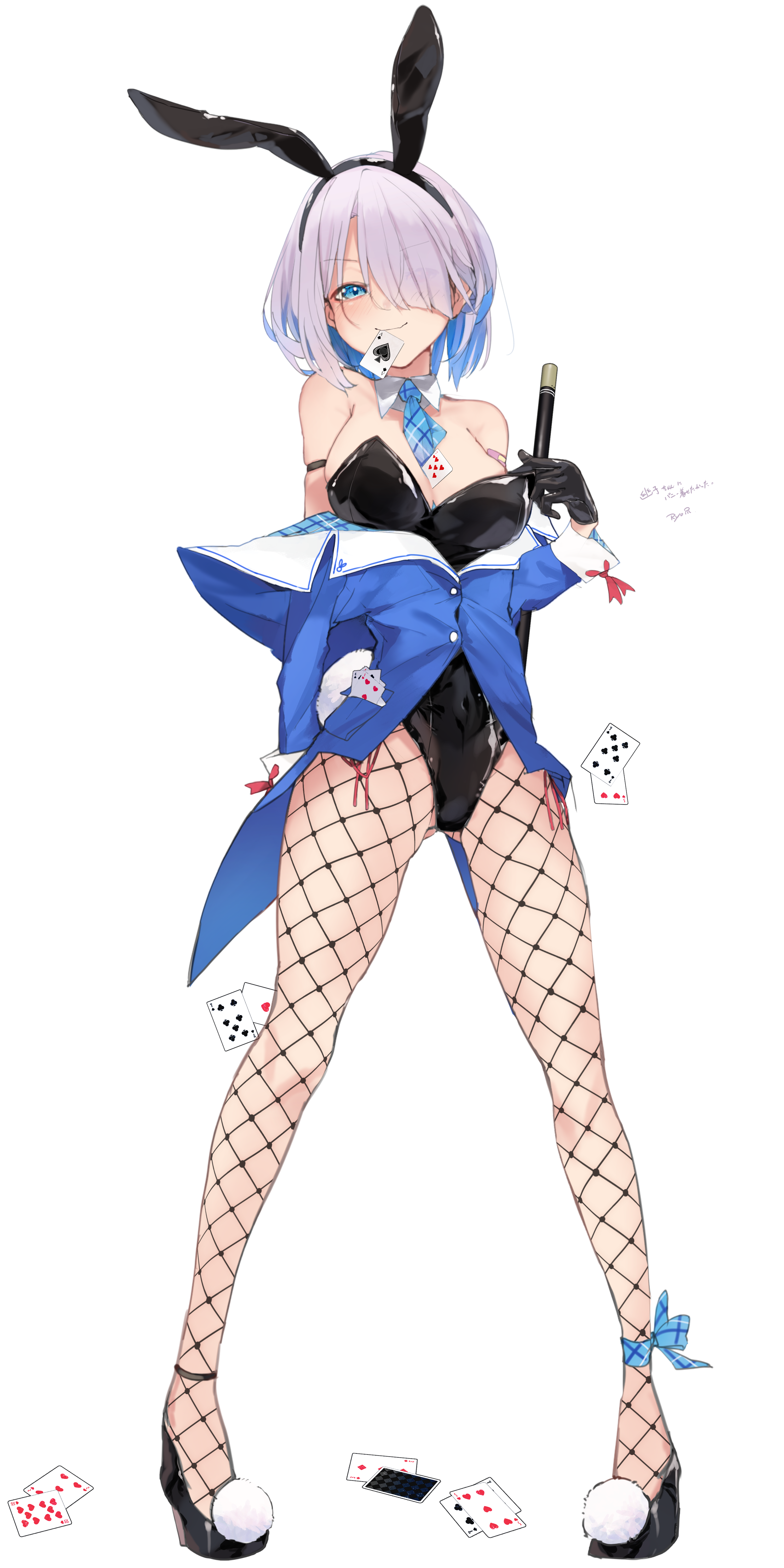 1girl absurdres animal_ears arm_behind_back arm_strap between_breasts beyblade black_gloves black_leotard black_shoes blue_eyes blue_hair blue_jacket breasts card closed_mouth colored_inner_hair commentary_request fake_animal_ears fishnet_pantyhose fishnets full_body gloves grey_hair highres jacket jacket_partially_removed leotard leotard_pull looking_at_viewer mouth_hold multicolored_hair necktie necktie_between_breasts pantyhose playboy_bunny playing_card rabbit_ears ryo_(ryo_skrdi) sainen_yuko shoes short_hair small_breasts smile solo standing strapless strapless_leotard