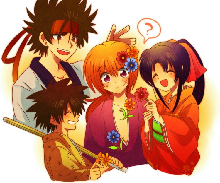 1girl 3boys brown_hair flower hair_flower hair_ornament headband high_ponytail himura_kenshin japanese_clothes kamiya_kaoru kimono long_hair multiple_boys myoujin_yahiko orange_hair ponytail purple_eyes red_eyes rurouni_kenshin sagara_sanosuke scar shinai smile spiked_hair sword tsubuta_hiro weapon white_background yukata