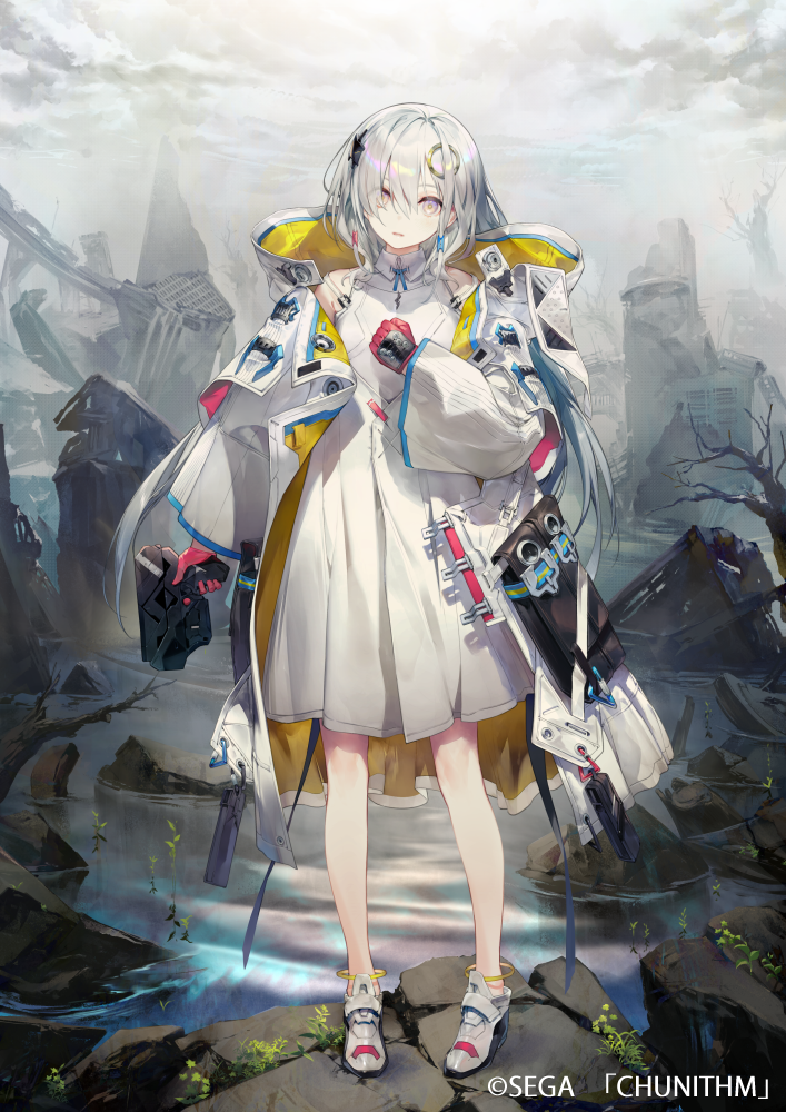 1girl anklet breasts chunithm dress english_text gloves gun hair_ornament holding holding_gun holding_weapon jacket jewelry kodama_(wa-ka-me) looking_at_viewer official_art parted_lips red_gloves ruins silver_hair solo weapon white_dress white_eyes
