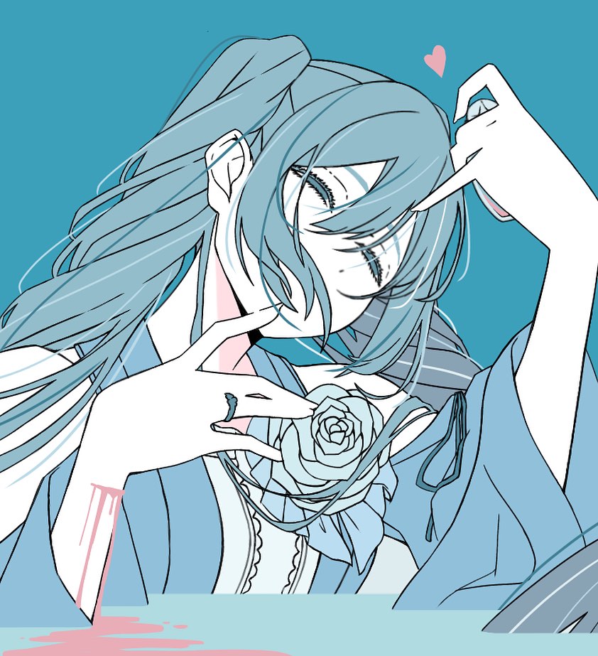 1girl aqua_eyes aqua_flower aqua_hair aqua_rose bare_shoulders bleeding blood blood_in_bottle blue_background blue_dress bottle clothing_cutout dress dress_flower evillious_nendaiki flask flower hair_between_eyes hair_over_mouth hair_over_shoulder half-closed_eyes hatsune_miku head_tilt heart jewelry looking_at_object margarita_blankenheim messy_hair nemurase_hime_kara_no_okurimono_(vocaloid) pale_skin partially_submerged pink_blood ring rose self-harm shoulder_cutout solo sorn_somnang twintails vocaloid wide_sleeves wrist_cutting