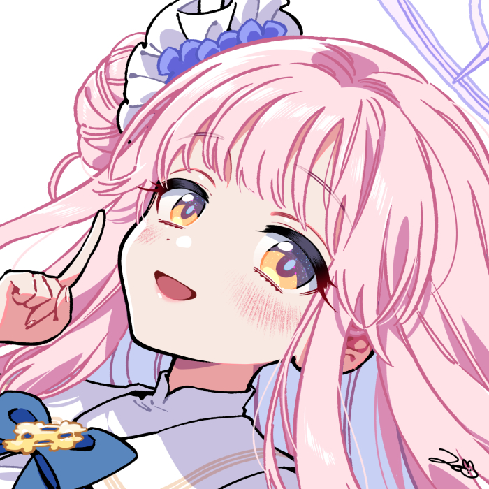 1girl blue_archive blue_pupils blue_ribbon blush collar commentary commentary_request eyelashes frills hair_bun hair_ornament halo hand_up long_hair looking_at_viewer mika_(blue_archive) open_mouth pink_hair pointing pointing_up purple_halo ribbon school_uniform scrunchie shirt signature single_side_bun smile solo thick_eyelashes white_background white_collar white_shirt yellow_eyes zekkyou_(h9s9)