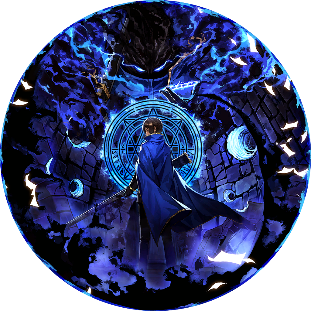 1boy 1girl black_fire black_gloves black_jacket black_pants blue_cape blue_fire brown_eyes brown_hair bullet bullet_hole cape dark-skinned_female dark_skin der_freischuetz_(project_moon) e.g.o_(project_moon) earrings fire flaming_eye game_cg gloves gold_trim gun jacket jewelry limbus_company magic_bullet_(e.g.o) magic_circle multiple_earrings nai_ga official_art outis_(project_moon) pants project_moon rifle solo_focus stone_wall weapon
