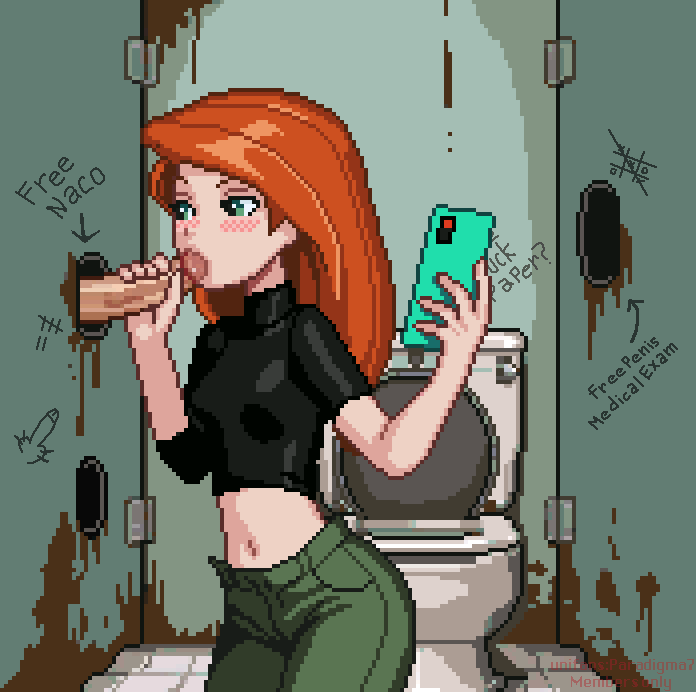 1girl animated animated_gif bathhouse bathroom black_shirt cargo_pants cellphone cellphone_photo cheating_(relationship) crying dirty fellatio freckles glory_hole green_eyes green_pants indoors kim_possible kim_possible_(series) looking_at_penis loose_pants navel netorare oral orange_hair pain pants paradigma7 pelvis phone pixel_art ron_stoppable sagging_pants shirt solo toilet toon_(style) turtleneck