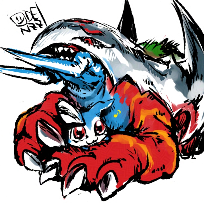artist_name body_fur chibimon digimon digimon_(creature) green_hair helmet oden_(odenzzi) red_eyes red_fur sethmon sharp_teeth simple_background teeth white_background