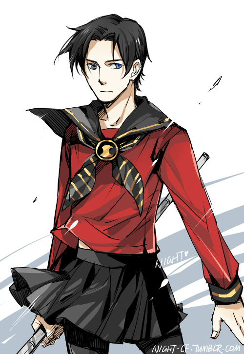 1boy bishoujo_senshi_sailor_moon blue_eyes crossdressing dc_comics male_focus parody red_robin sailor_collar serafuku skirt staff tim_drake weapon