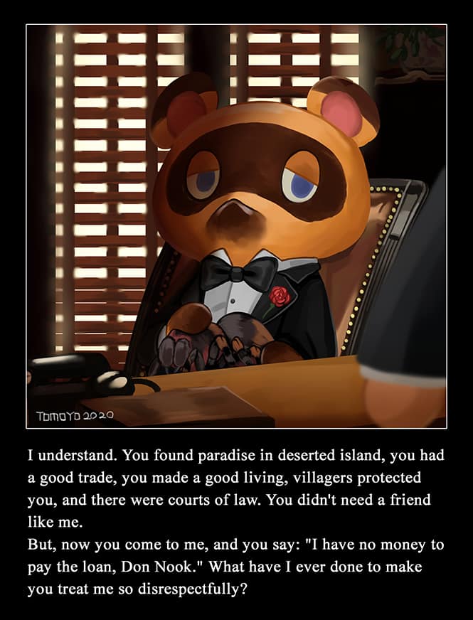 1boy animal_crossing window_blinds blue_eyes deng_deng english_text engrish_text flower formal_clothes half-closed_eyes headpat nintendo no_mouth parody ranguage rose suit tanuki tarantula the_godfather tom_nook_(animal_crossing)