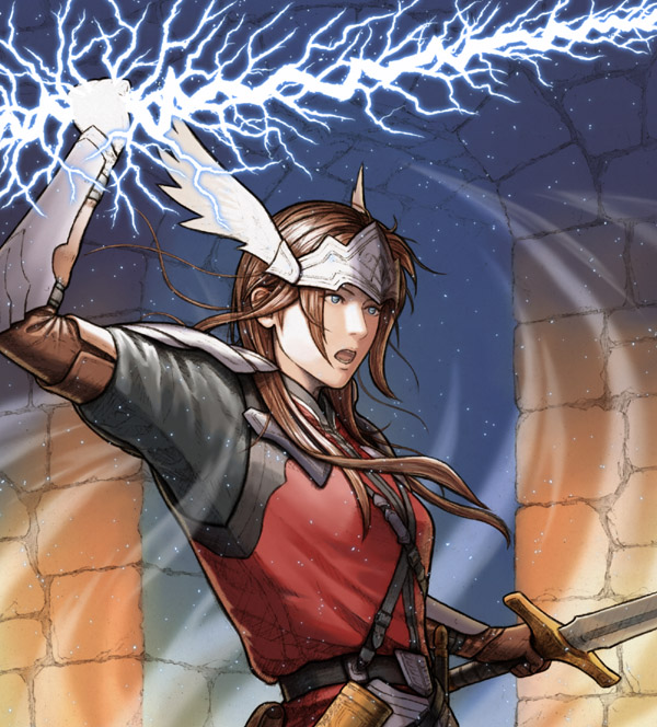 1girl armor blue_eyes brown_hair character_request dual_wielding electricity energy_sword female_focus fuji_(d38635s10) headgear holding open_mouth sheath shoulder_armor solo sword tactics_ogre upper_body vambraces weapon