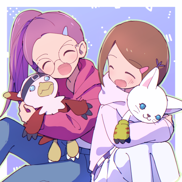 2girls 3567days blue_background blue_pants blush border brown_hair closed_eyes denim digimon digimon_adventure_02 hawkmon hood hoodie inoue_miyako multiple_girls open_mouth pants pink_hoodie purple_hair purple_hoodie simple_background smile stuffed_animal stuffed_bird stuffed_cat stuffed_toy tailmon white_border white_pants yagami_hikari