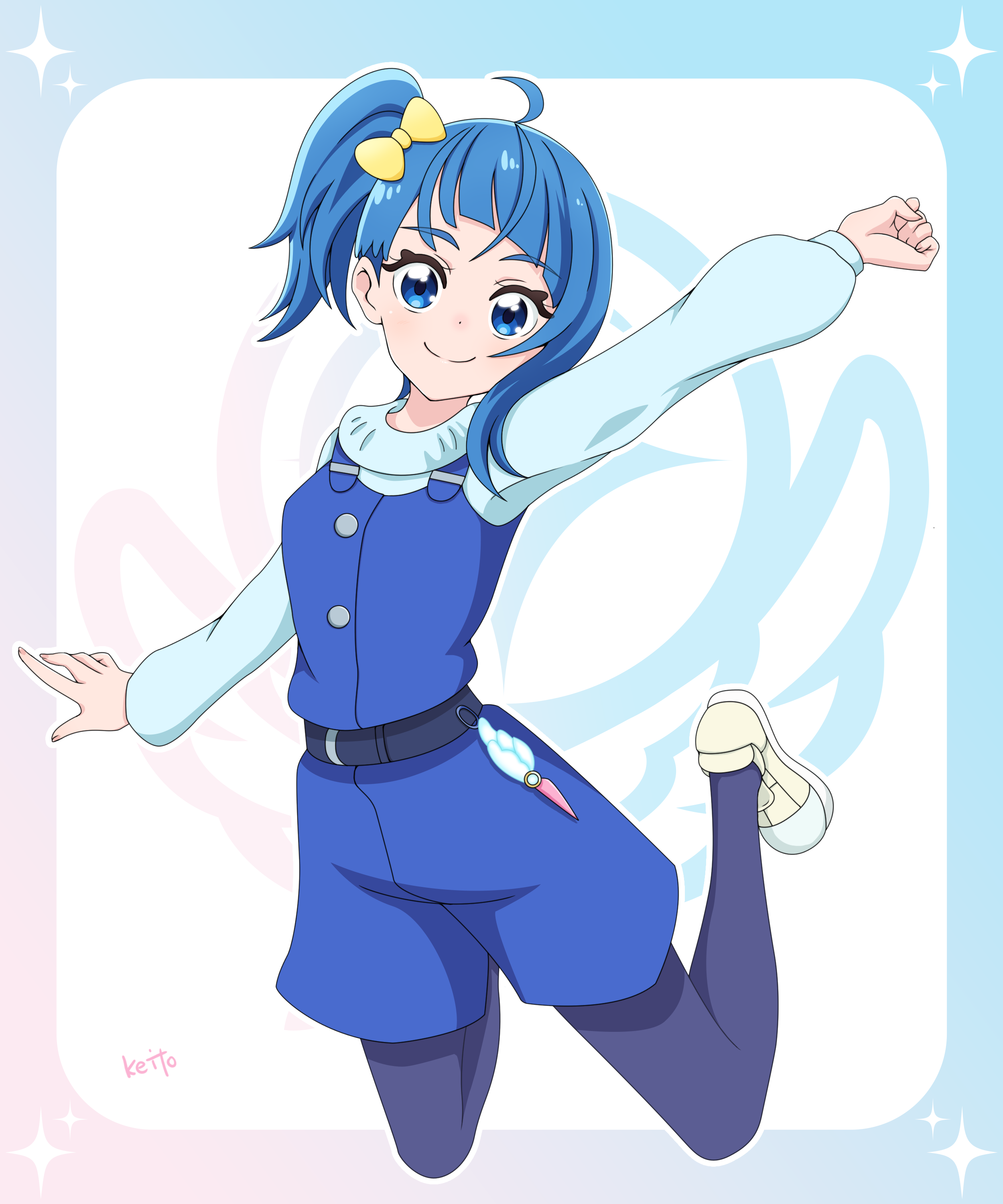 1girl absurdres ahoge alternate_costume anime_coloring arm_up artist_name belt black_belt blue_border blue_eyes blue_hair blue_overalls blue_pantyhose blue_sweater border bow breasts buttons clenched_hand closed_mouth commentary cut_bangs dot_nose four-pointed_star full_body gradient_border hair_bow highres hirogaru_sky!_precure legs_up light_blush long_sleeves looking_at_viewer medium_hair midair mirage_pen multicolored_border official_alternate_costume outside_border overall_shorts overalls pantyhose pink_border ponytail precure sakuragawa3710 shoes side_ponytail small_breasts smile solo sora_harewataru star_(symbol) star_border sweater upper_body white_background winter_clothes yellow_bow yellow_shoes