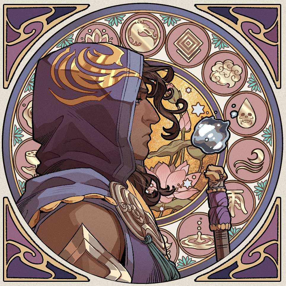 1boy aquiline_nose art_nouveau border brown_eyes brown_hair closed_mouth dark-skinned_male dark_skin elemental_water_symbol flower from_side hood hood_up hydrokinesis lotus male_focus mortal_kombat_(series) mortal_kombat_1_(2023) nose pink_flower portrait profile purple_hood rain_(mortal_kombat) sleeveless solo staff star_(symbol) tassel upper_body water wenny02