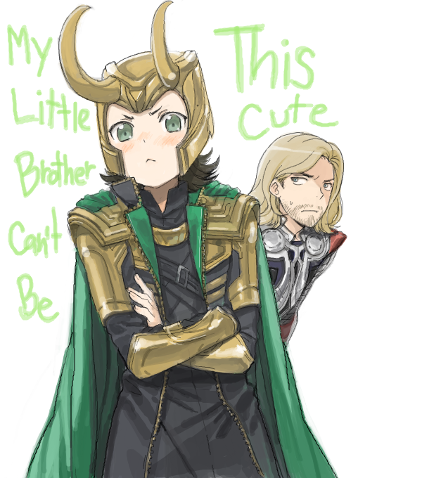 2boys :&lt; animification avengers_(series) bad_id bad_pixiv_id black_hair blonde_hair blue_eyes brother brothers can&#039;t_be_this_cute cape crossed_arms facial_hair green_eyes horns loki_(marvel) long_hair male_focus marvel marvel_cinematic_universe multiple_boys ore_no_imouto_ga_konna_ni_kawaii_wake_ga_nai parody reammara siblings stubble thor_(marvel) what