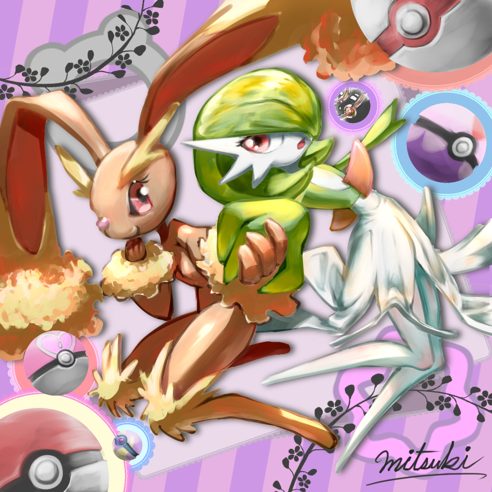 2girls :3 animal_nose arm_up arms_up artist_name black_sclera bob_cut body_fur breasts brown_fur closed_mouth colored_sclera colored_skin dream_ball dutch_angle eye_contact female_focus flat_chest full_body furry furry_female gardevoir gen_3_pokemon gen_4_pokemon green_hair green_skin hair_over_one_eye hand_to_own_mouth hand_up happy heal_ball heart holding_hands knees_together_feet_apart looking_at_another looking_to_the_side lopunny love_ball luxury_ball mitsuki_(pixiv_1322348) multicolored_skin multiple_girls nintendo no_feet one_eye_covered open_mouth outstretched_arm poke_ball poke_ball_(basic) pokemon pokemon_(creature) premier_ball purple_background rabbit_ears rabbit_girl red_eyes short_hair signature small_breasts smile striped_background two-tone_fur two-tone_skin white_skin yellow_fur