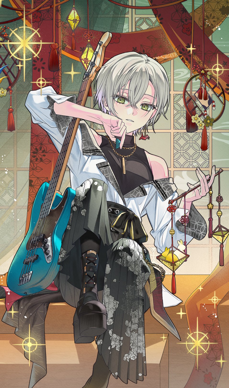 1girl bass_guitar black_boots black_pants black_shirt black_socks boots chain commentary crossed_bangs english_commentary fender_jazz_bass floral_print gold_chain green_eyes grey_hair high-waist_pants highres hinomori_shiho holding holding_plectrum instrument justice_(tarot) kawaranu_atatakasa_no_tonari_de_(project_sekai) lace-up_boots looking_at_viewer moro_(from_m0r0) origami pants paper_crane parted_lips platform_boots platform_footwear pleated_pants plectrum project_sekai shirt short_hair sitting sleeveless sleeveless_shirt socks solo sparkle tarot turtleneck turtleneck_shirt white_shirt