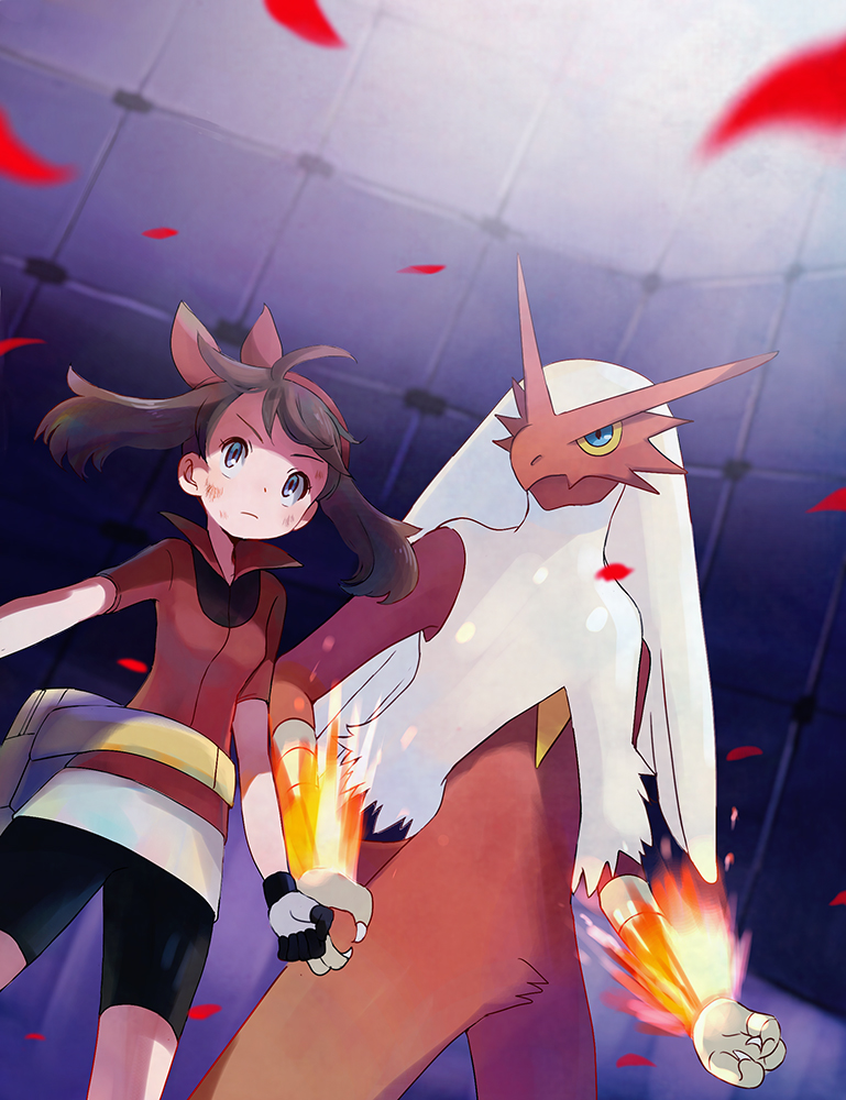 1girl bag blaziken blonde_hair blue_eyes brown_hair claws closed_mouth colored_sclera fire game_freak gen_3_pokemon gloves hat may_(pokemon) nintendo petals pokemon pokemon_(creature) pokemon_rse popcorn_91 red_headwear standing yellow_sclera