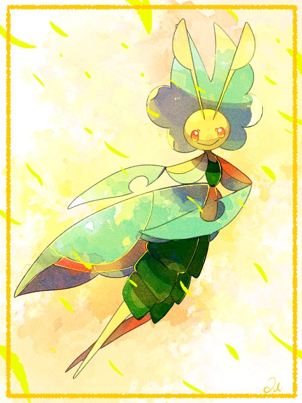 :&gt; antennae arthropod_girl border gen_5_pokemon leaf leavanny loki_(regulus_1111) looking_at_viewer nintendo pokemon pokemon_(creature) red_eyes yellow_background yellow_border