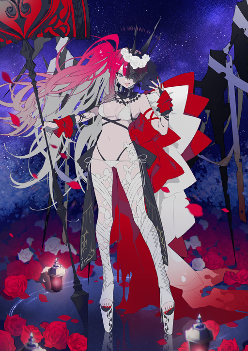 1girl baobhan_sith_(fate) baobhan_sith_(swimsuit_pretender)_(fate) baobhan_sith_(swimsuit_pretender)_(third_ascension)_(fate) bikini breasts bridal_gauntlets earrings falling_petals fate/grand_order fate_(series) flower grey_eyes hair_flower hair_ornament hammer hand_up holding holding_hammer jewelry long_hair looking_at_viewer mochizuki_kei navel official_art petals pink_hair platform_heels pointy_ears red_flower red_rose rose side_ponytail smile solo swimsuit third-party_source tiara veil white_bikini white_flower