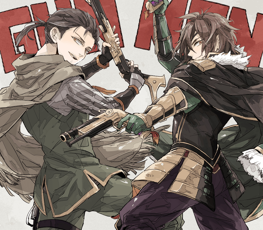 armor brown_eyes brown_hair cape date_masamune eyepatch gun handgun male_focus pistol rain rifle saika_magoichi sengoku_musou shawl smile swept_bangs weapon