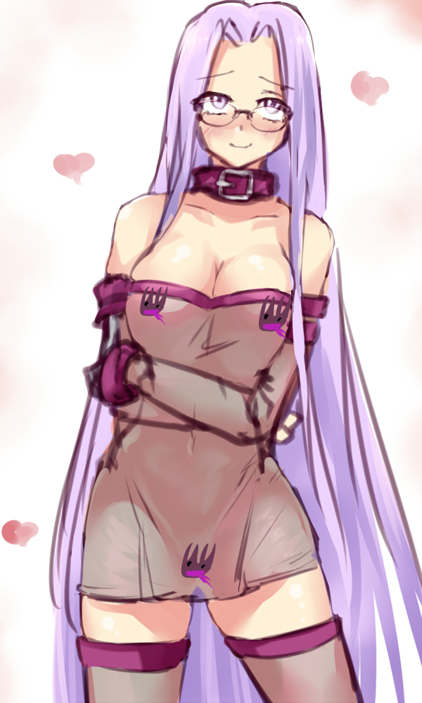 1girl bare_shoulders blush breasts censored censored_nipples character_censor cleavage collar convenient_censoring cowboy_shot crossed_arms dress elbow_gloves fate/stay_night fate_(series) female_focus glasses gloves grail-kun heart large_breasts long_hair medusa_(fate) medusa_(rider)_(fate) negresco novelty_censor purple_eyes purple_hair see-through_clothes sketch smile solo square_pupils strapless strapless_dress thighhighs very_long_hair