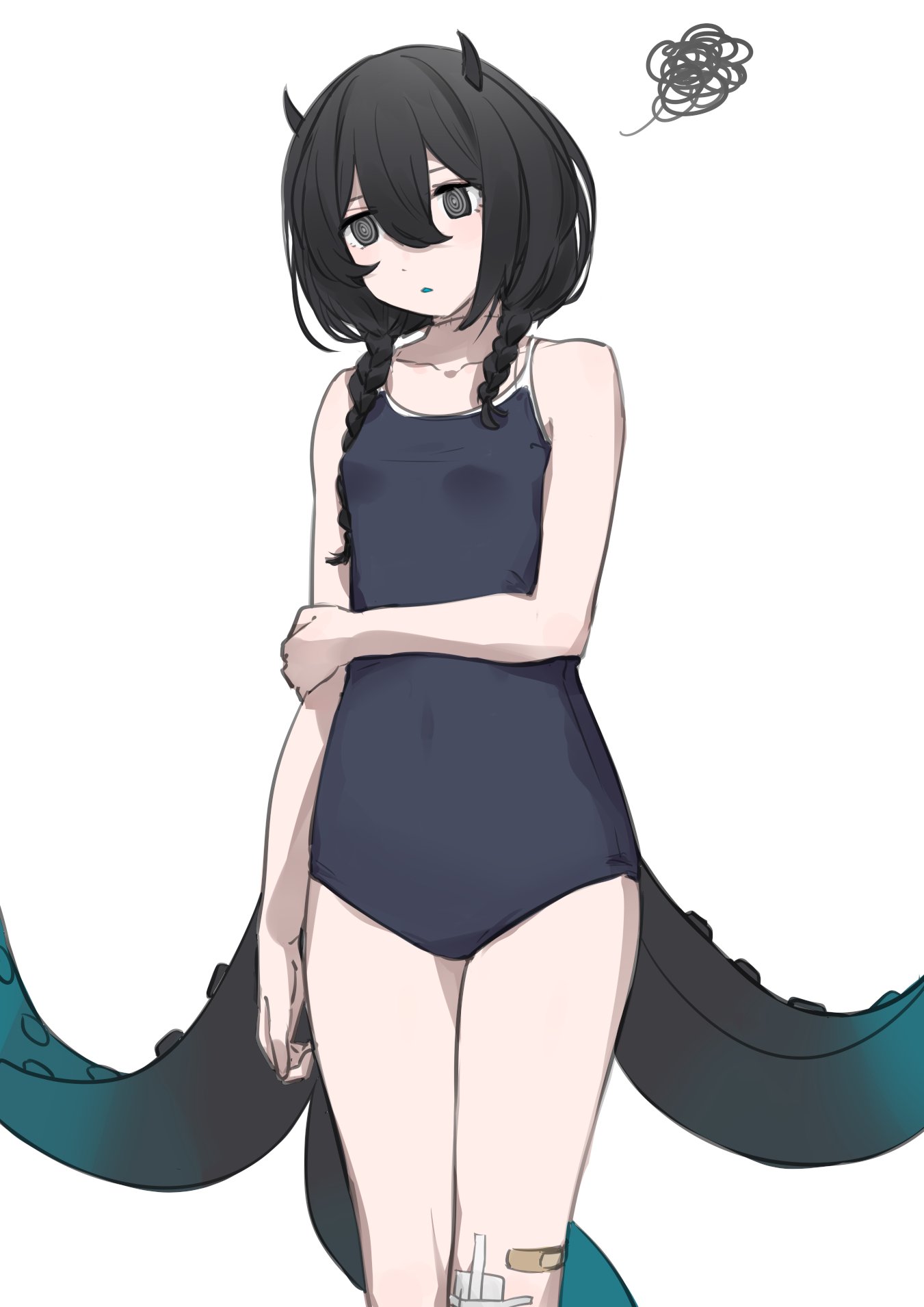 1girl alternate_costume arm_at_side asymmetrical_hair atsushima bandaid bandaid_on_leg black_eyes black_hair blue_one-piece_swimsuit braid breasts collarbone covered_navel feet_out_of_frame gauze_on_knee hair_over_shoulder highres holding_own_arm horns indie_virtual_youtuber long_hair looking_at_viewer low_twin_braids new_school_swimsuit one-piece_swimsuit parted_lips ringed_eyes school_swimsuit simple_background small_breasts solo squiggle standing swimsuit tentacle_tail tentacles twin_braids virtual_youtuber white_background yamata_ia