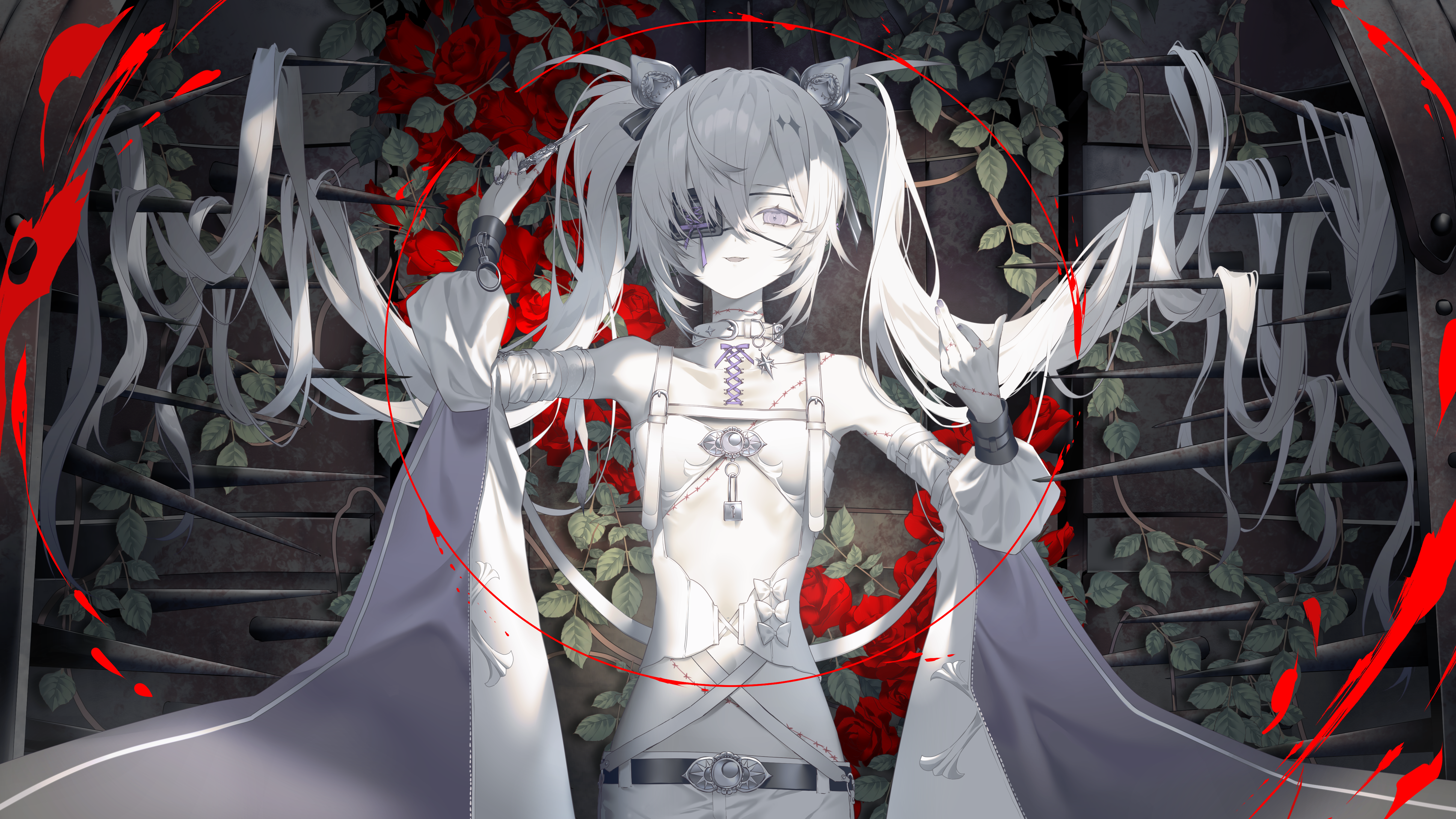 1girl absurdres bandages bare_shoulders belt black_bow blood blood_splatter bow chest_harness collar colored_skin commentary_request corset_piercing detached_sleeves eyepatch fangs flower hair_between_eyes hair_bow hands_up harness highres holding holding_knife knife kotarou_(kot_mochi) lock long_hair looking_at_viewer original purple_eyes purple_ribbon red_flower red_rose ribbon rose smile solo spikes spot_color stitches twintails very_long_hair white_collar white_hair white_skin