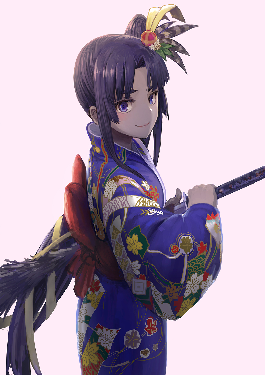 1girl blue_kimono broom closed_mouth concealed_weapon cowboy_shot fate/grand_order fate_(series) female_focus from_side gachapinmuck2 hair_ornament highres holding holding_sword holding_weapon japanese_clothes katana kimono long_hair long_sleeves looking_at_viewer looking_to_the_side obi parted_bangs pink_background purple_eyes purple_hair sash sheath side_ponytail sidelocks simple_background smile solo sword thick_eyebrows unsheathing ushiwakamaru_(fate) ushiwakamaru_(formal_dress)_(fate) very_long_hair weapon