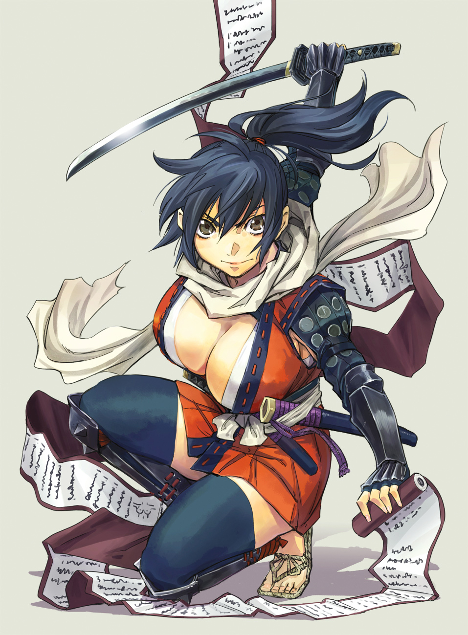 1girl armor black_hair breasts cleavage grey_eyes highres holding holding_scroll holding_sword holding_weapon japanese_armor japanese_clothes katana kimono konchiki kote kurokote large_breasts long_hair looking_at_viewer manyuu_chifusa manyuu_hikenchou ninja obi ponytail red_kimono sandals sash scarf scroll short_kimono solo suneate sword weapon white_scarf zouri