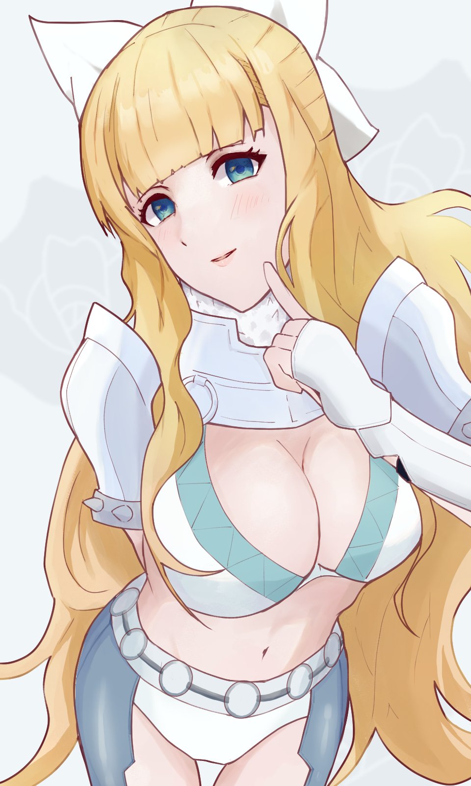 1girl armor bikini_armor blonde_hair blunt_bangs bow breasts charlotte_(fire_emblem) cleavage fire_emblem fire_emblem_fates hair_bow highres large_breasts navel nintendo pauldrons shoulder_armor solo strixinkagoshim wavy_hair white_bow