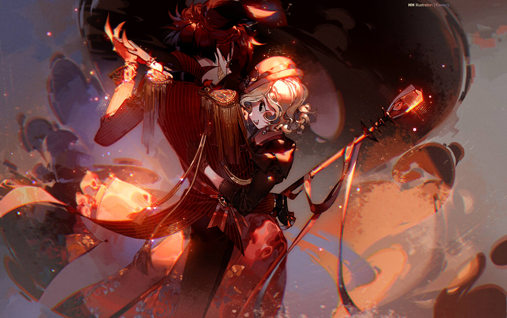 1boy 1girl alastor_(hazbin_hotel) blonde_hair blush_stickers charlie_morningstar chromatic_aberration dancing demon_boy demon_girl dress hazbin_hotel kawacy medium_hair pale_skin red_eyes red_hair sharp_teeth teeth